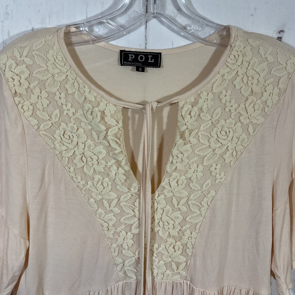 POL Cream Lace Neck Tie Babydoll Tunic Top Women S Boho Romantic Neutral Cottage - Picture 3 of 11